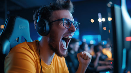 A streamer reacting excitedly to in-game action, with viewers comments popping up on the screenの素材