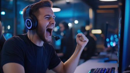 A streamer reacting excitedly to in-game action, with viewers comments popping up on the screenの素材