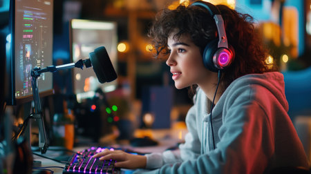 A streamer woman sitting at their gaming setup, surrounded by colorful LED lights, speaking into a high-quality microphoneの素材