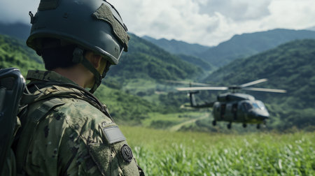 a soldier to a helicopter, with a green grass field and jungle-covered mountains in the background.の素材