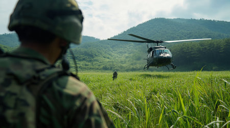 a soldier to a helicopter, with a green grass field and jungle-covered mountains in the background.の素材