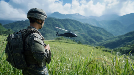 a soldier to a helicopter, with a green grass field and jungle-covered mountains in the background.の素材