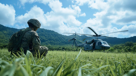 a soldier to a helicopter, with a green grass field and jungle-covered mountains in the background.の素材