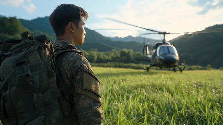 a soldier to a helicopter, with a green grass field and jungle-covered mountains in the background.の素材