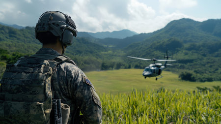 a soldier to a helicopter, with a green grass field and jungle-covered mountains in the background.の素材
