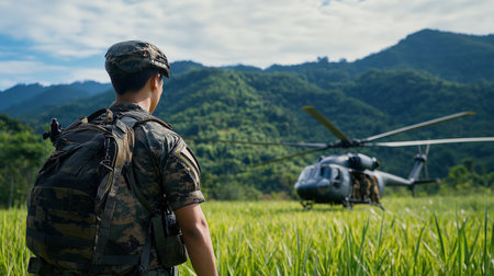 a soldier to a helicopter, with a green grass field and jungle-covered mountains in the background.の素材