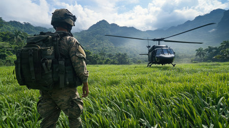 a soldier to a helicopter, with a green grass field and jungle-covered mountains in the background.の素材