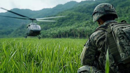a soldier to a helicopter, with a green grass field and jungle-covered mountains in the background.の素材