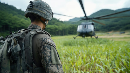 a soldier to a helicopter, with a green grass field and jungle-covered mountains in the background.の素材