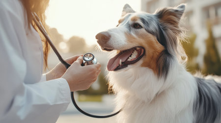 A vet holding a stethoscope to a Collie dog side, listening carefully during a physical examinationの素材