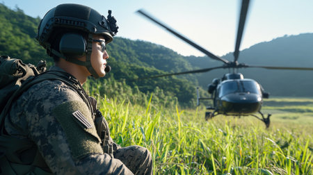 a soldier to a helicopter, with a green grass field and jungle-covered mountains in the background.の素材