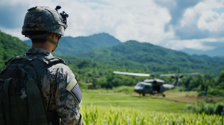 a soldier to a helicopter, with a green grass field and jungle-covered mountains in the background.の素材