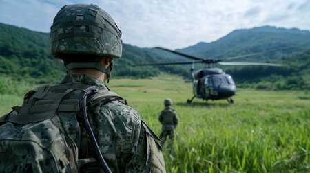a soldier to a helicopter, with a green grass field and jungle-covered mountains in the background.の素材