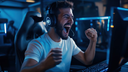 A streamer reacting excitedly to in-game action, with viewers comments popping up on the screenの素材