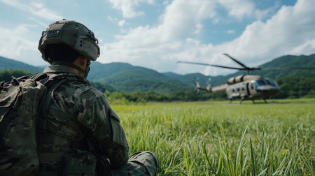 a soldier to a helicopter, with a green grass field and jungle-covered mountains in the background.の素材