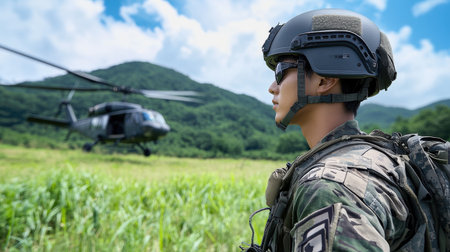 a soldier to a helicopter, with a green grass field and jungle-covered mountains in the background.の素材