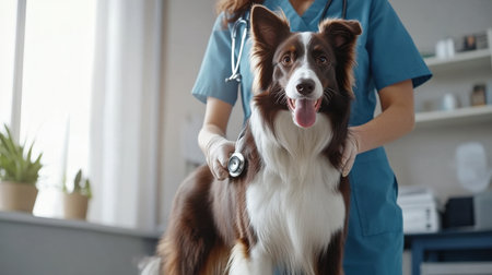 A vet holding a stethoscope to a Collie dog side, listening carefully during a physical examinationの素材