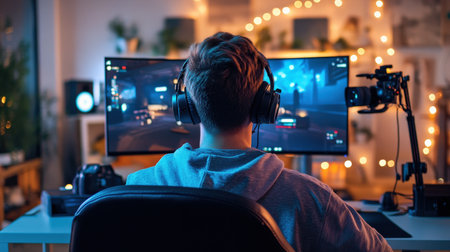 A gamer live-streaming in a dimly lit room, with a glowing backdrop of LED lights and a professional camera setupの素材