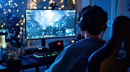 A gamer live-streaming in a dimly lit room, with a glowing backdrop of LED lights and a professional camera setupの素材