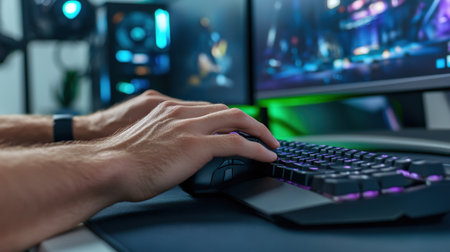 A close-up of a streamer hand on a gaming mouse and keyboard, with a multi-monitor setup in the backgroundの素材