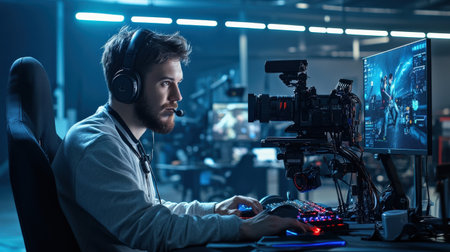 A gamer live-streaming in a dimly lit room, with a glowing backdrop of LED lights and a professional camera setupの素材