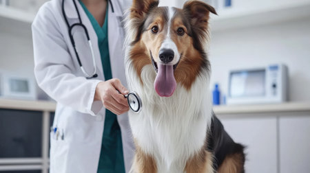 A Collie dog patiently waiting while the veterinarian performs a stethoscope exam to check its lungsの素材
