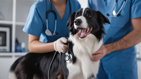 A veterinarian gently placing a stethoscope on a Collie chest during a health check-up at the clinicの素材