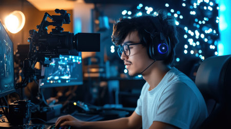 A gamer live-streaming in a dimly lit room, with a glowing backdrop of LED lights and a professional camera setupの素材