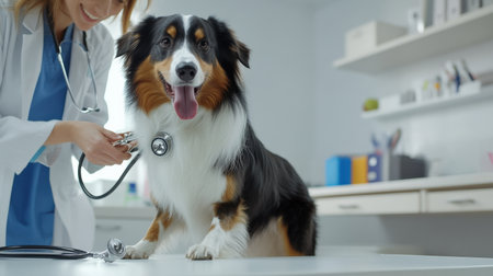 A veterinarian gently placing a stethoscope on a Collie chest during a health check-up at the clinicの素材