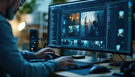 A close-up of A video editor's hands skillfully manipulate clips on a timeline within editing software, meticulously trimming and rearranging footage to create a captivating narrative. Cyberpunk tone --ar 7:4 --personalize jaydbm9 --v 6.1 Job ID: 1fb74b27-508e-4be9-866d-3307c5e2cb4aの素材