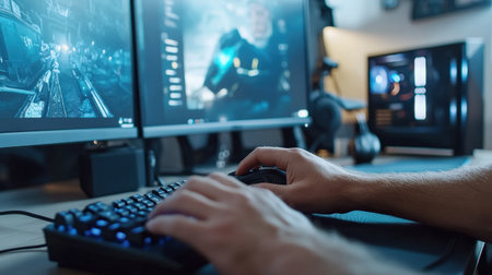 A close-up of a streamer hand on a gaming mouse and keyboard, with a multi-monitor setup in the backgroundの素材