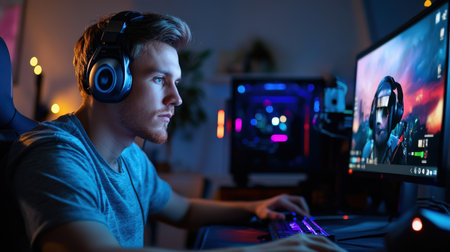 A streamer sitting at their gaming setup, surrounded by colorful LED lights, speaking into a high-quality microphoneの素材