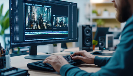 A close-up of A video editor's hands skillfully manipulate clips on a timeline within editing software, meticulously trimming and rearranging footage to create a captivating narrative. Cyberpunk tone --ar 7:4 --personalize jaydbm9 --v 6.1 Job ID: 1fb74b27-508e-4be9-866d-3307c5e2cb4aの素材