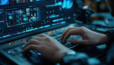 A close-up of A video editor's hands skillfully manipulate clips on a timeline within editing software, meticulously trimming and rearranging footage to create a captivating narrative. Cyberpunk tone --ar 7:4 --personalize jaydbm9 --v 6.1 Job ID: be0d495c-42d0-4af9-81dc-371110e71137の素材