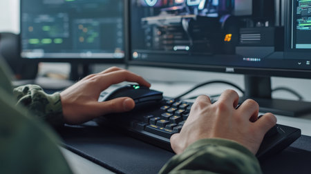 A close-up of a streamer hand on a gaming mouse and keyboard, with a multi-monitor setup in the backgroundの素材
