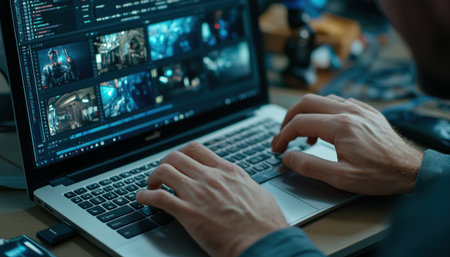 A close-up of A video editor's hands skillfully manipulate clips on a timeline within editing software, meticulously trimming and rearranging footage to create a captivating narrative. Cyberpunk tone --ar 7:4 --personalize jaydbm9 --v 6.1 Job ID: be0d495c-42d0-4af9-81dc-371110e71137の素材