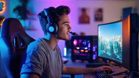 A streamer sitting at their gaming setup, surrounded by colorful LED lights, speaking into a high-quality microphoneの素材