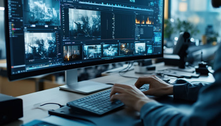 A close-up of A video editor's hands skillfully manipulate clips on a timeline within editing software, meticulously trimming and rearranging footage to create a captivating narrative. Cyberpunk tone --ar 7:4 --personalize jaydbm9 --v 6.1 Job ID: ac668000-a8b6-4a76-b73b-93d5f2eb8601の素材