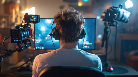 A streamer sitting at their gaming setup, surrounded by colorful LED lights, speaking into a high-quality microphoneの素材