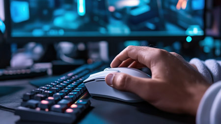 A close-up of a streamer hand on a gaming mouse and keyboard, with a multi-monitor setup in the backgroundの素材