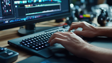 A close-up of A video editor's hands skillfully manipulate clips on a timeline within editing software, meticulously trimming and rearranging footage to create a captivating narrative. Cyberpunk tone --ar 16:9 --personalize jaydbm9 --v 6.1 Job ID: de660595-2d49-471d-8029-1bbd90e2ac88の素材