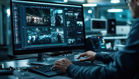 A close-up of A video editor's hands skillfully manipulate clips on a timeline within editing software, meticulously trimming and rearranging footage to create a captivating narrative. Cyberpunk tone --ar 7:4 --personalize jaydbm9 --v 6.1 Job ID: 1fb74b27-508e-4be9-866d-3307c5e2cb4aの素材