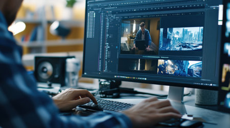 A video editor's hands skillfully manipulate clips on a timeline within editing software, meticulously trimming and rearranging footage to create a captivating narrative.の素材
