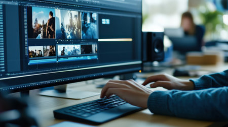 A video editor's hands skillfully manipulate clips on a timeline within editing software, meticulously trimming and rearranging footage to create a captivating narrative.の素材