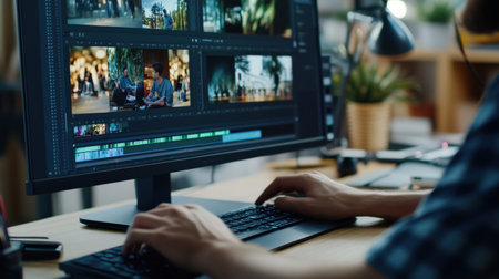 A video editor's hands skillfully manipulate clips on a timeline within editing software, meticulously trimming and rearranging footage to create a captivating narrative.の素材