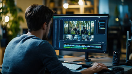 A video editor's hands skillfully manipulate clips on a timeline within editing software, meticulously trimming and rearranging footage to create a captivating narrative.の素材