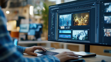 A video editor's hands skillfully manipulate clips on a timeline within editing software, meticulously trimming and rearranging footage to create a captivating narrative.の素材