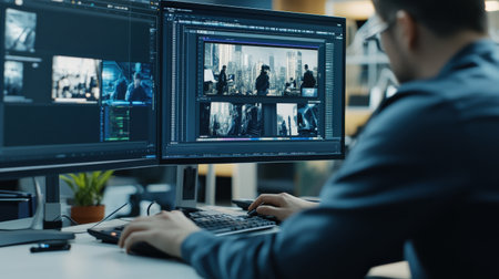 A video editor's hands skillfully manipulate clips on a timeline within editing software, meticulously trimming and rearranging footage to create a captivating narrative.の素材