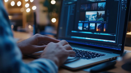 A video editor's hands skillfully manipulate clips on a timeline within editing software, meticulously trimming and rearranging footage to create a captivating narrative.の素材