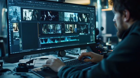 A video editor's hands skillfully manipulate clips on a timeline within editing software, meticulously trimming and rearranging footage to create a captivating narrative.の素材